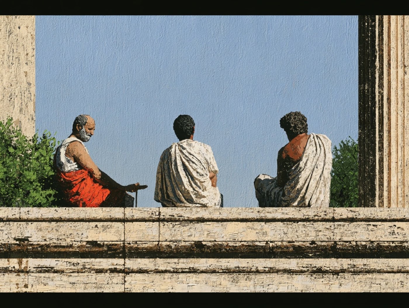 Three robed figures sitting apart on a stone parapet against a clear sky, mid-conversation.