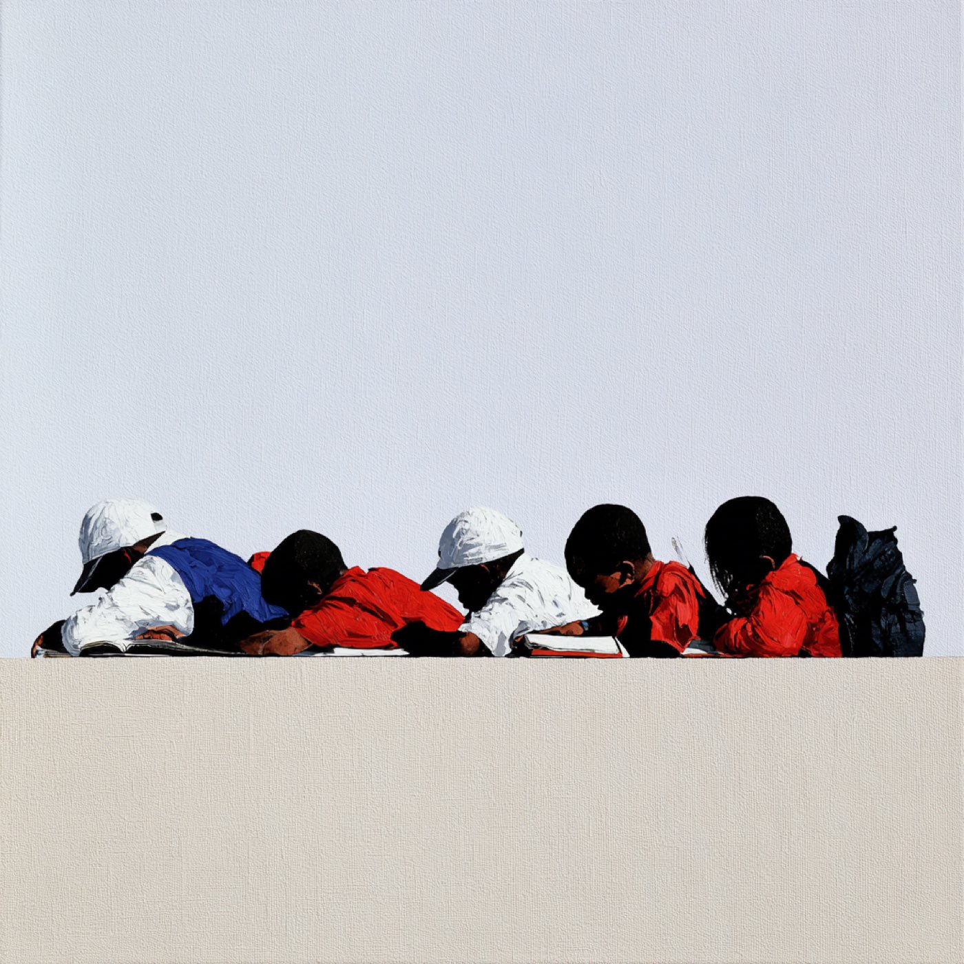 Children in bright coats leaning over a long pale wall, working.